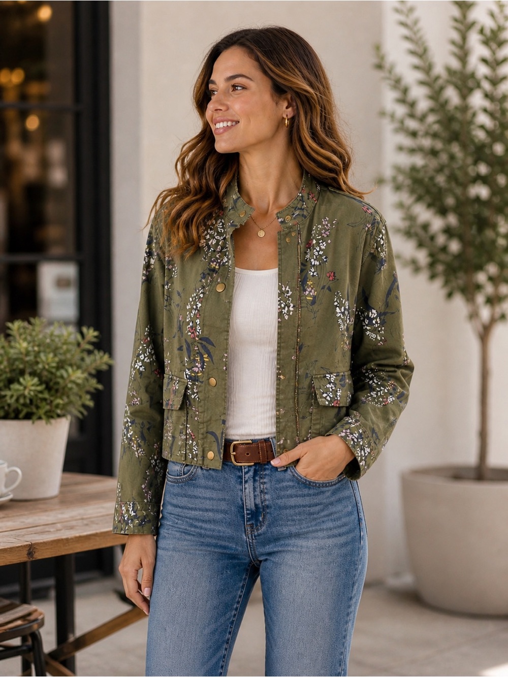 JOE FRESH Floral Spring Utility Jacket Olive Green Zippered Snap Buttons Large